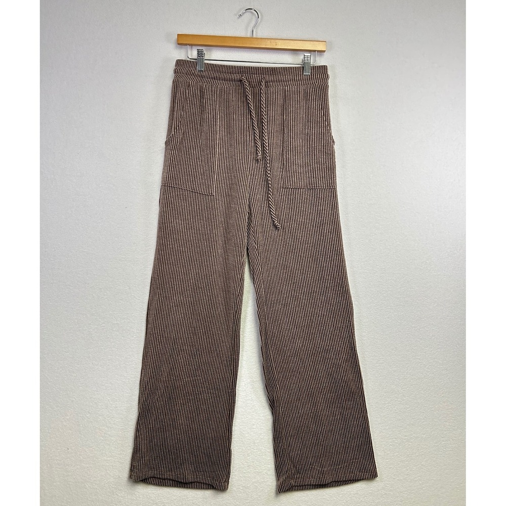 Tres Bien Brown Pinstripe Wide Leg Lounge Pants Medium Drawstring Pockets